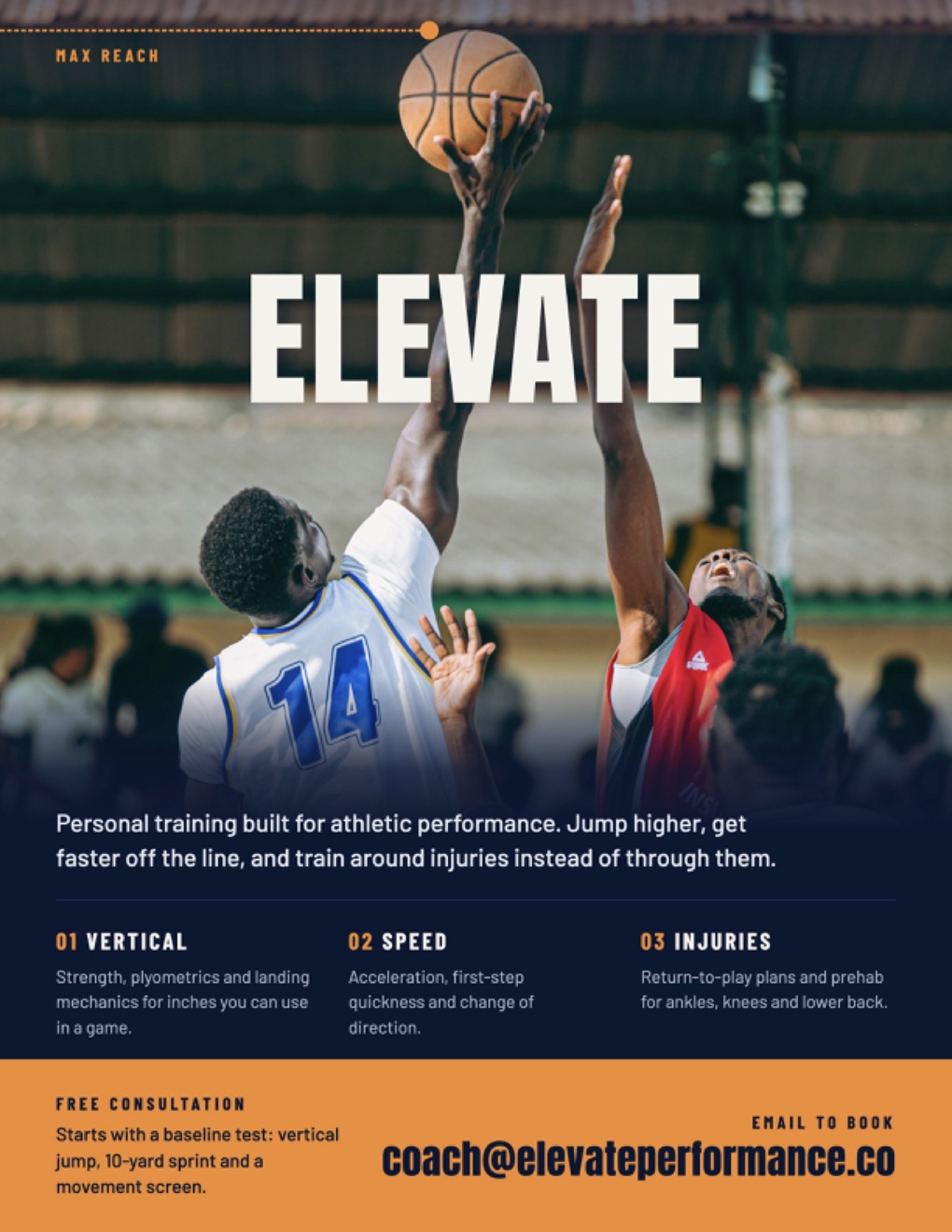 A personal training flyer titled "Elevate" with two basketball players jumping for the ball. It reads: personal training built for athletic performance. Jump higher, get faster off the line, and train around injuries instead of through them. Three sections cover vertical, speed and injuries, and a free consultation starts with a vertical jump, a 10-yard sprint and a movement screen.